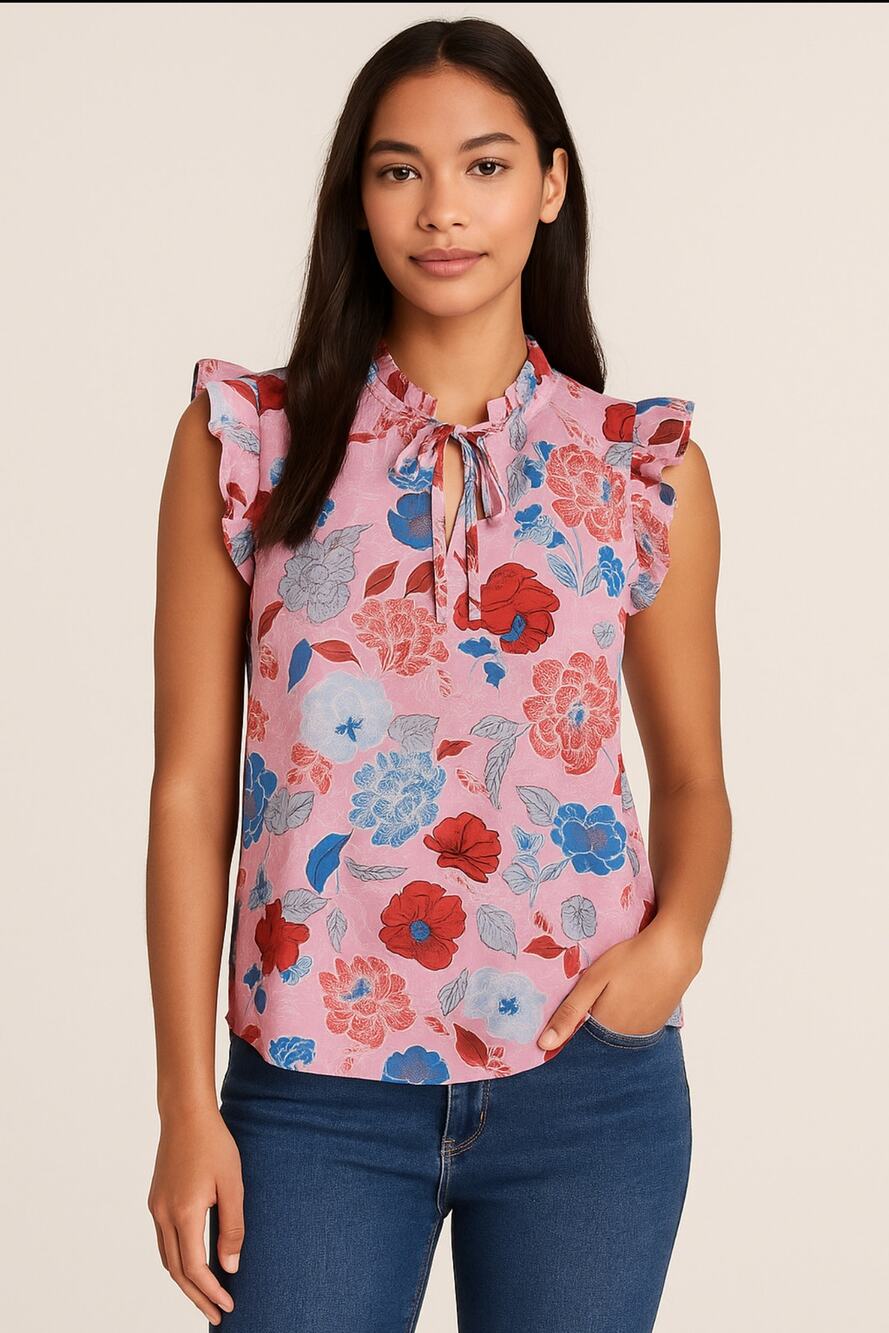BB Dakota by Steve Madden Floral Ruffle Sleeveless Top M Pink Blue Cotton NWT